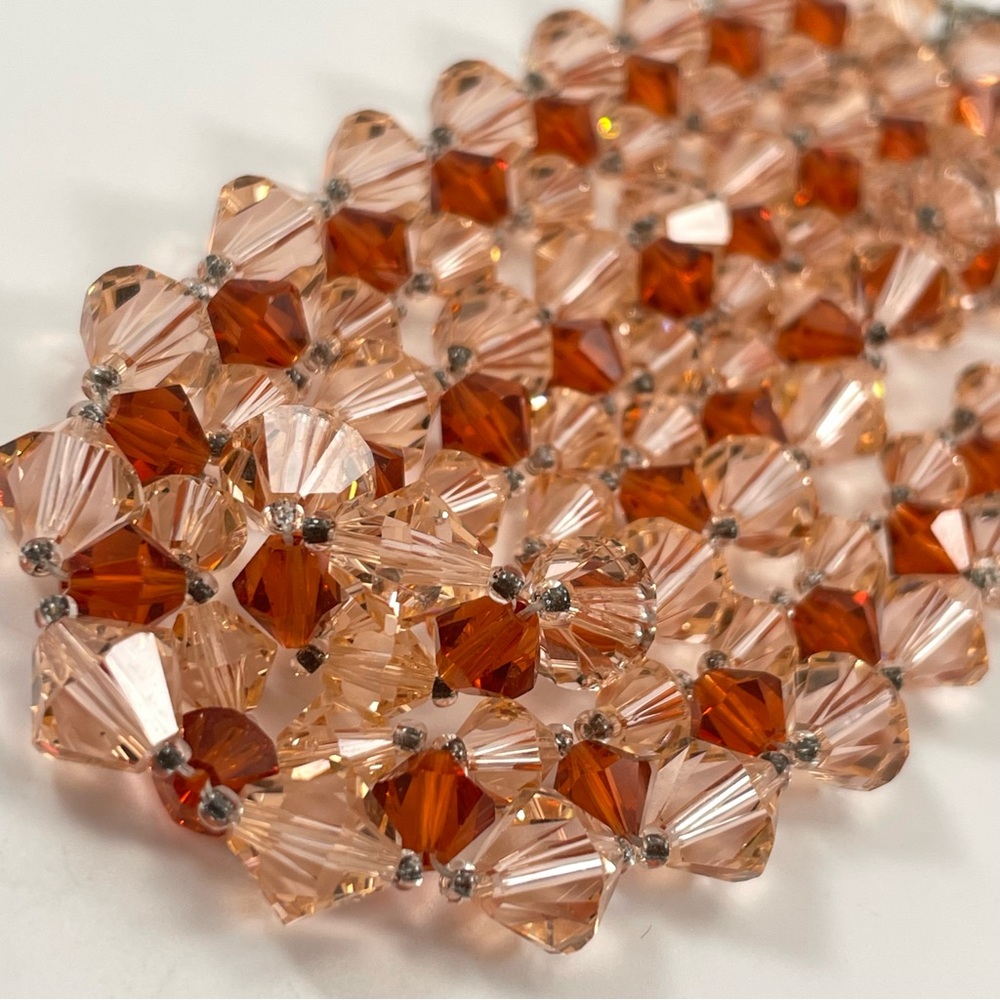 Stunning Unsigned Peach Amber Faceted Crystal Crochet Weave Collar Necklace